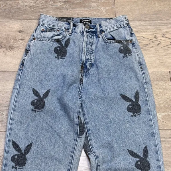 Playboy by PacSun Womens Light Wash All Over Bunny Logo Straight Leg Jeans 25/0 - Image 3