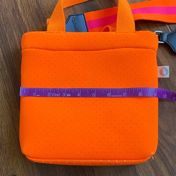 Quilted Koala Perforated Mini Scuba Crossbody Tote Bag Neon Orange With Straps - Image 11