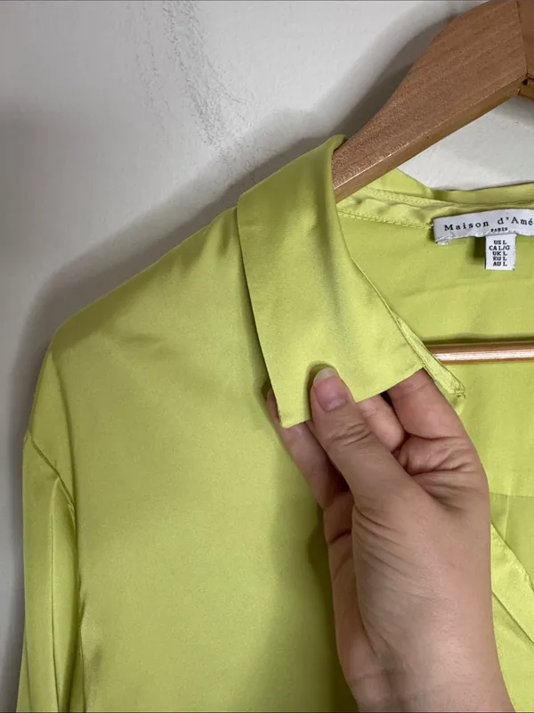 Maison d’Amélie Paris Lime Green Satin Button Down Blouse size L - Image 4