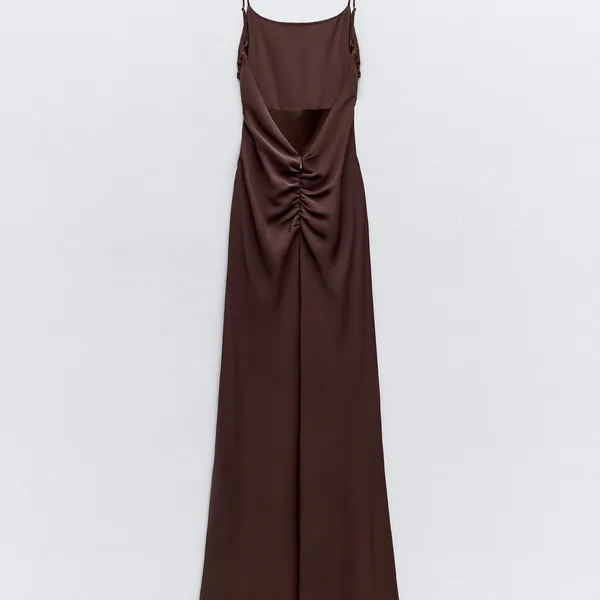 NWT Zara brown open-back maxi dress with back ruching size large - Image 3