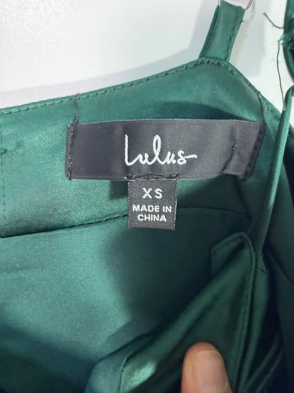 Lulus Emerald Green Satin Spaghetti Strap Layered Ruffle Hem Mini Dress XS - Image 2