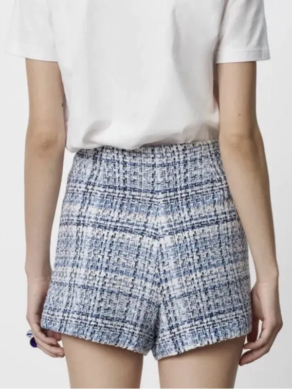ZARA NWT Textured Tweed High Waist Skort Blue White Button Detail Size M - Image 2