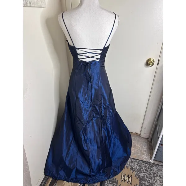 VTG 90s Windsor Iridescent Blue Taffeta Black Lace Bodice Whimsigoth Prom Dress6 - Image 4