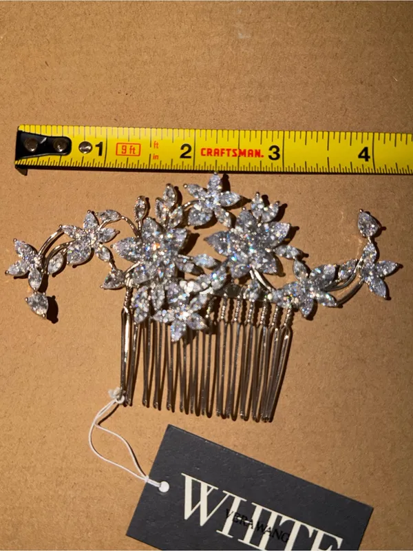 WHITE by Vera Wang VWC72346 Cubic Zirconia Floral Bridal Hair Comb Silver NWT - Image 9
