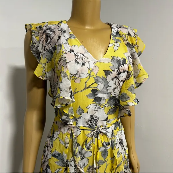 Tommy Hilfiger Womens Yellow Floral Tiered Ruffle Chiffon Mini Dress Size 2 - Image 2