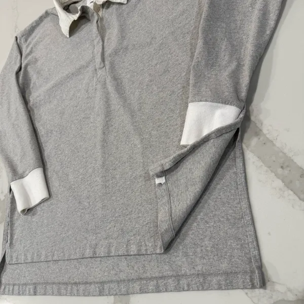 Aerie Cotton Prep Rugby Oversized Polo Long Sleeve Shirt Women’s XS Gray/White - Image 5