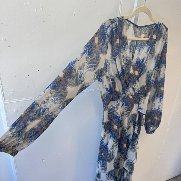 Twelfth Street by Cynthia Vincent Boho Floral Paisley Wrap Maxi Dress Blue Beige - Image 6