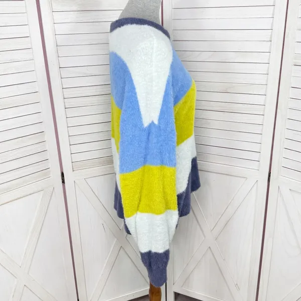Aerie Flurry Rugby Stripes Fuzzy Oversized Crew Neck Sweater Blue Green Medium‎ - Image 5