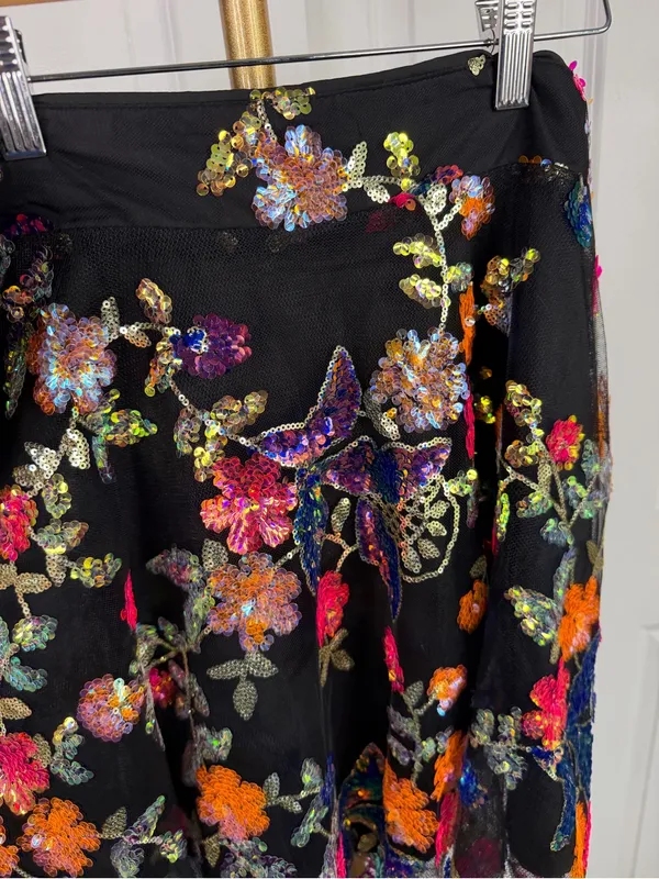 Impressions 1X Black Multicolor Floral Sequin Fit & Flare Mini Skirt NWOT - Image 6
