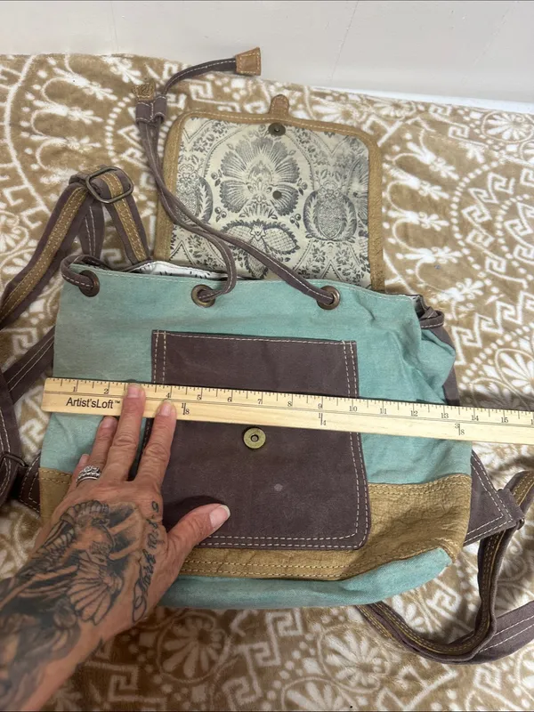 Myra Bag Teal, Brown & Cream Floral Flap Backpack - Image 5