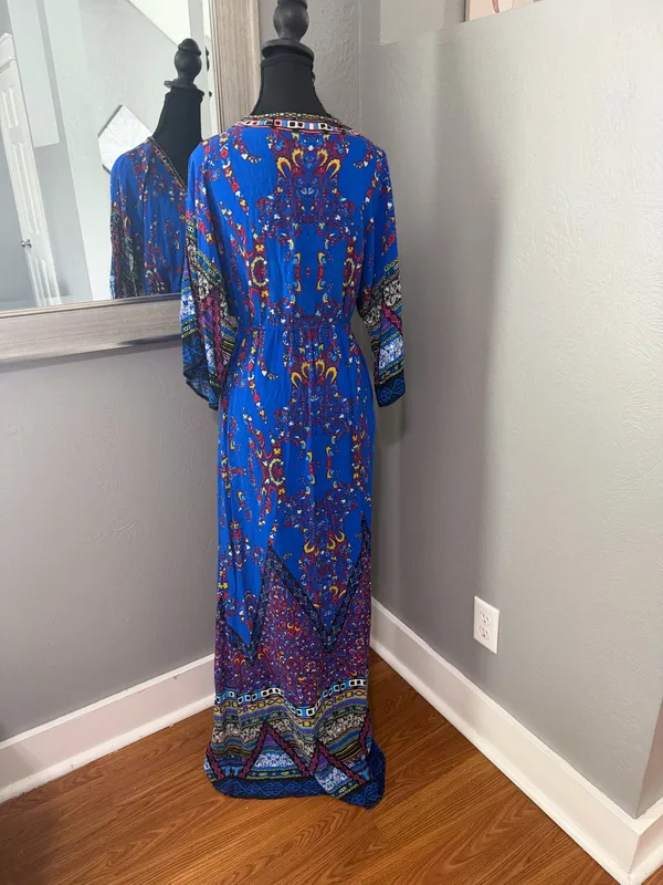 Flying Tomato V Neck Boho Aztec Festival Bold Whimsical Maxi Dress Size Medium. - Image 5
