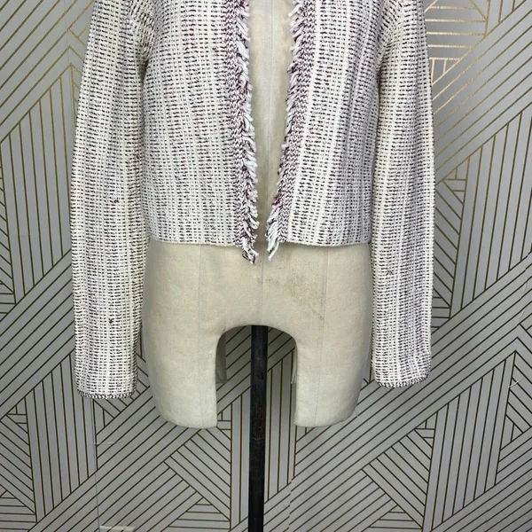 Theory Galinne Speckle Boucle Knit Fringe Sweater Jacket Cream Red Size Small‎ - Image 7