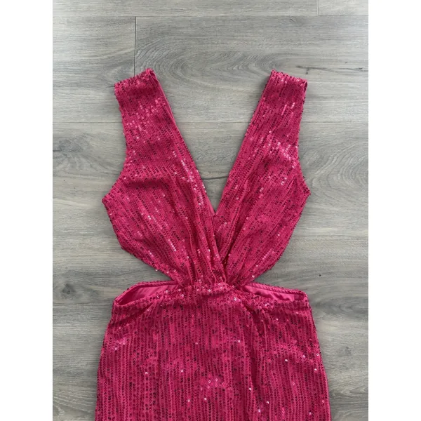 Just Quella Women's Hot Pink Sequins Deep V Neck Side Cutouts Long Formal Dress Size 0-2 - Image 3