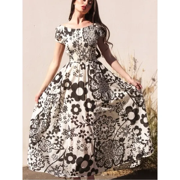 Free People Bohemian Ultraviolet Midi Maxi Dress Black White Floral Large - Image 8