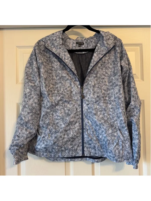 Hannah Windbreaker Jacket Size L Blue White Geometric Print Mesh Lined Packable - Image 3