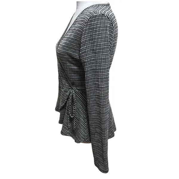 Caution To The Wind Wrap Top Black White Grid Peplum Casual Work Stretch Large - Image 2