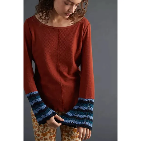 Anthropologie PILCRO Crochet Cuffed Thermal Top Cedar Pullover Stripes Small - Image 4