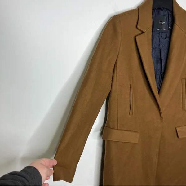Zara Basics camel colored wool blend midi coat one‎ snap size XS - Image 3
