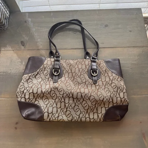 New York & Company Tan Brown Monogram Print Shoulder Tote Bag Purse - Image 4