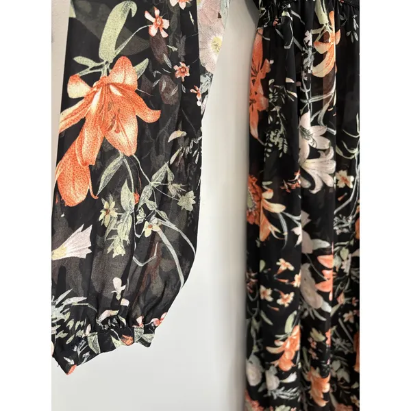 Bellambra Black Floral Sheer Maxi Dress Sz L Button‎ Front V Neck Made in Italy - Image 3