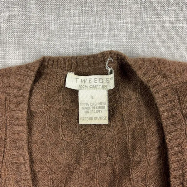 Tweeds Sweater Womens Large Brown V Neck Cable-Knit 100% Cashmere Pullover - Image 7