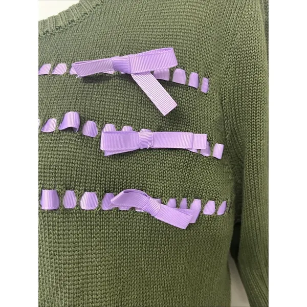 ModCloth Olive Green Knit Puff Short Sleeve Sweater Light Purple Ribbon- Medium - Image 4