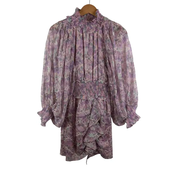 Elliatt Resorts Mini Dress Medium Lilac Multi Floral Embroidered Smocked Cottage - Image 2