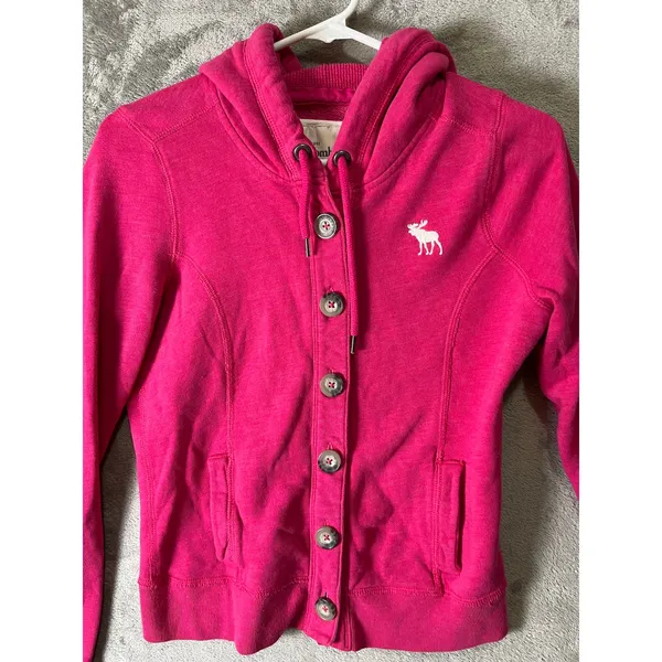 Vintage Y2K Abercrombie & Fitch Button Front Hoodie Jacket Moose Logo Preppy Med - Image 2
