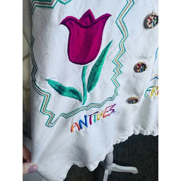 Vintage 90s Express Antibes France Colorful Embroidered Shirt White Flaws - Image 2