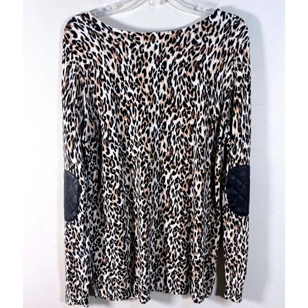 White‎ House Black Market Leopard Print Sweater XL Faux Leather Elbow Patches - Image 2