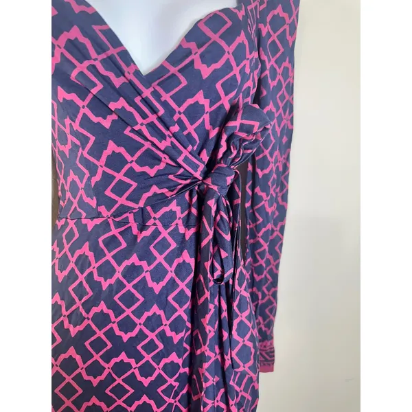 French Connection Navy Pink Geometric Faux Wrap Long Sleeve Mini Dress Size 2 - Image 3