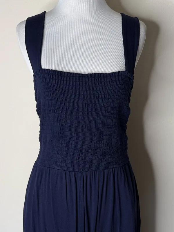 LOFT Navy Smocked Wide Leg Jumpsuit - Image 3