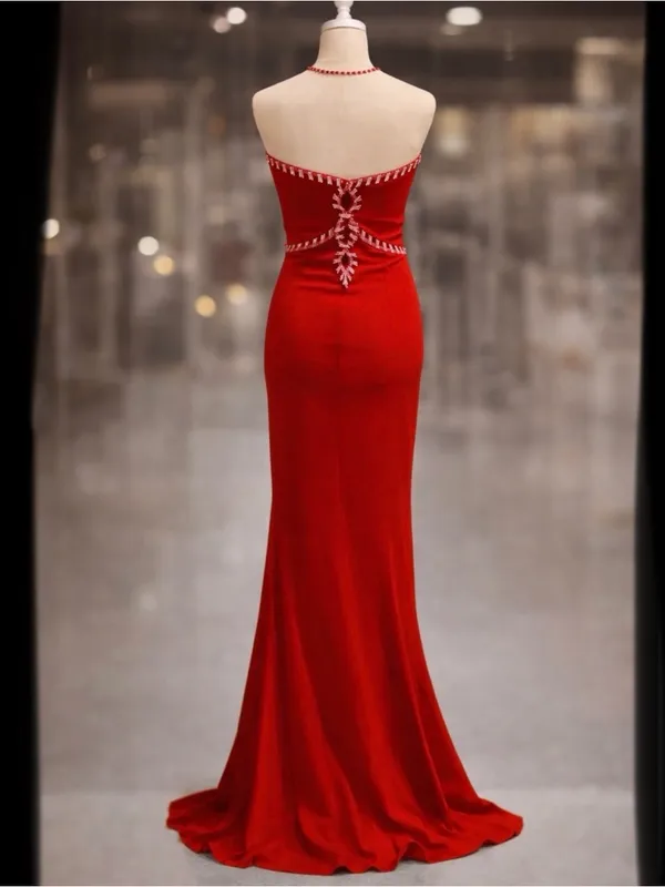 Alyce Paris Red Halter Maxi Dress Size 2 Beaded Keyhole High Slit NWT - Image 4