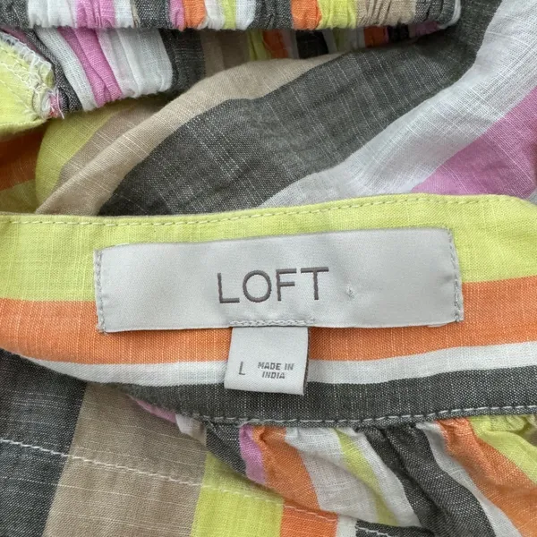 LOFT Women Lg Pink Orange Yellow Striped Square Neck Flutter Sleeve Cotton Top - Image 6