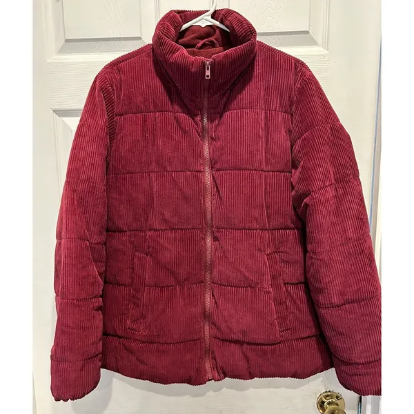 Old‎ Navy Womens Corduroy Puffer Jacket Burgundy Maroon Fleece Lined Large - Image 2