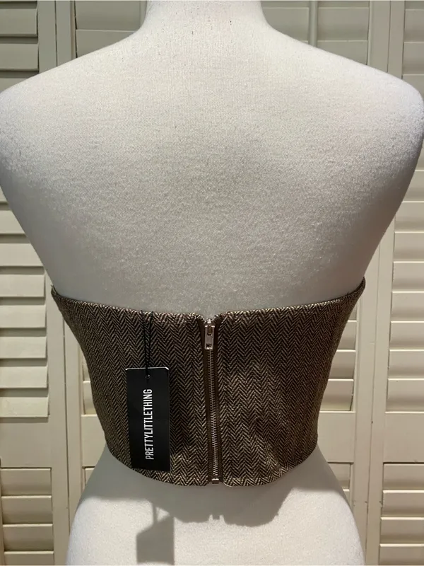 PrettyLittleThing Brown Tweed Strapless Bustier Top - Image 7