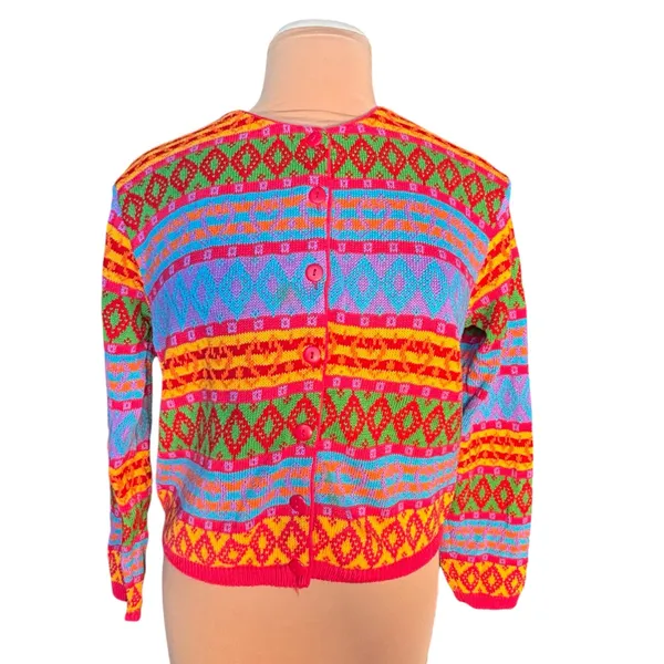 Vintage Benetton Rainbow Fair Isle Cardigan Cropped‎ Cotton Italy Artsy Dopamine - Image 2