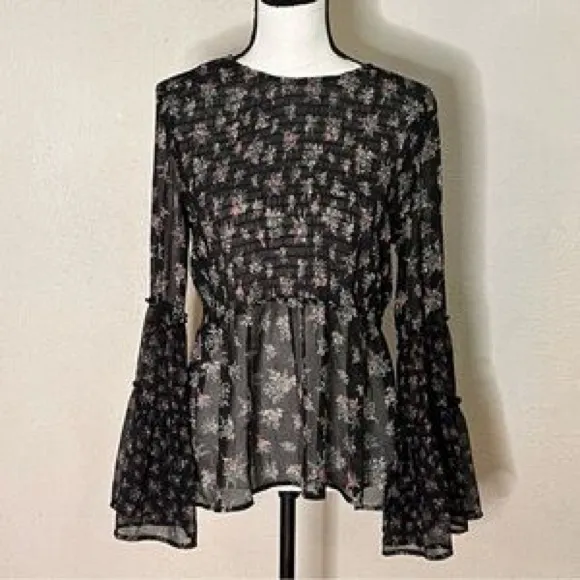 American Eagle Dark Floral Smocked Bell Sleeve Top Whimsigoth Fairy 70s Blouse M - Image 6