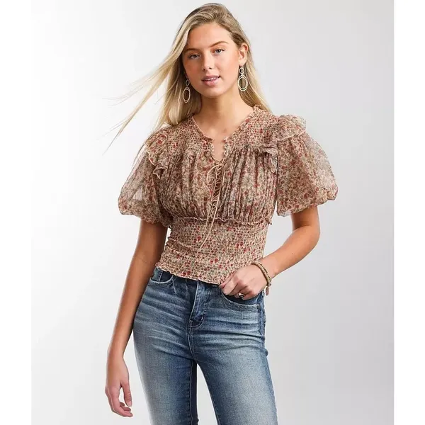 Free People Beatrice Floral Print Brown Lace Up Puff Sleeve Blouse Top Size S - Image 13