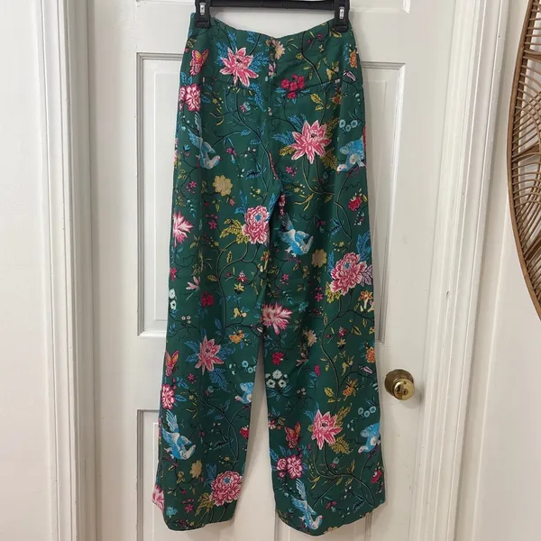 Maeve Anthropologie Wide Leg Pants 0 Green Floral Bird Print Boho Tropical - Image 3