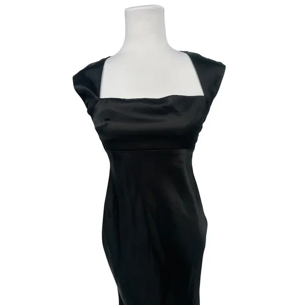 Vtg Scene Black Satin Maxi Mermaid Dress 3/4 Square Neck 90s Y2K Prom Goth Gown - Image 9