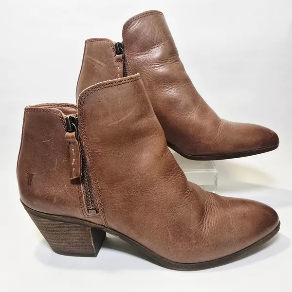 FRYE Judith Double Zip Brown Leather Almond Toe Ankle Boots - Image 3