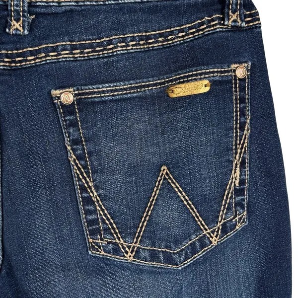 Wrangler SZ 9/10 Bootcut Jeans Mid-Rise Stretch Zip-Fly Whiskered Dark Wash Blue - Image 7
