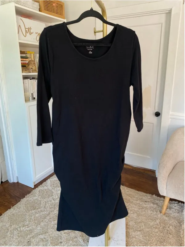 Isabel Maternity Black Ruched Bodycon Midi Dress Parisian Quiet Luxury Boho Chic - Image 2