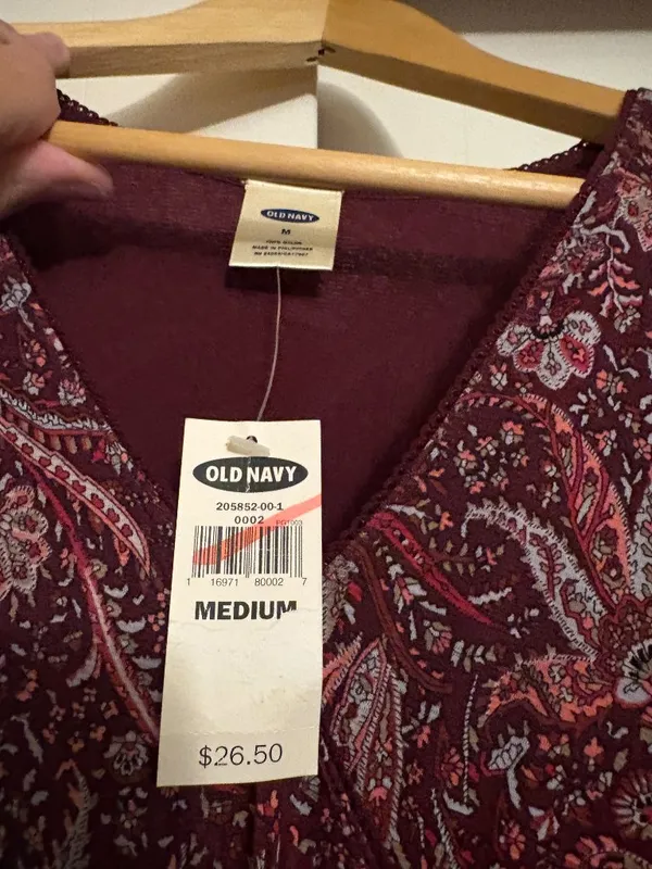 Old Navy Paisley Print Dress Medium Midi Length Long Sleeve Burgundy Nylon NWT - Image 2