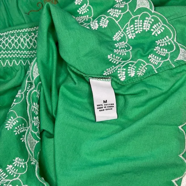 RXB Embroidered Cotton Shirt Flowy Boho Green Medium M 3/4 Quarter Sleeve NWT - Image 8