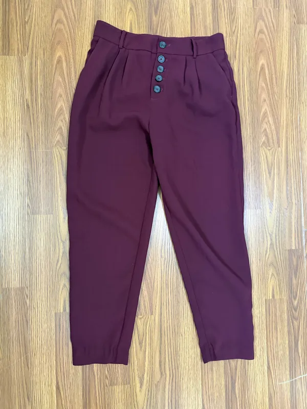 Anthropologie Sasha Button-Fly High Rise Tapered Burgundy Career Chic Trouser 2 - Image 3