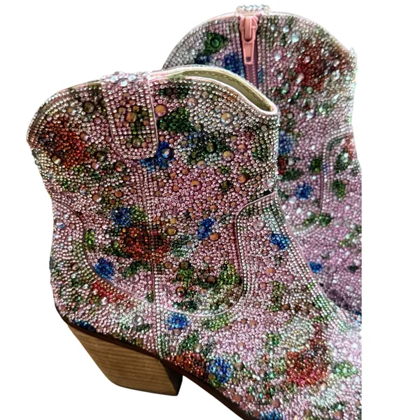 Betsey Johnson Dive F Pink Floral Rhinestone Ankle Bootie Sz 8 Western - Image 6