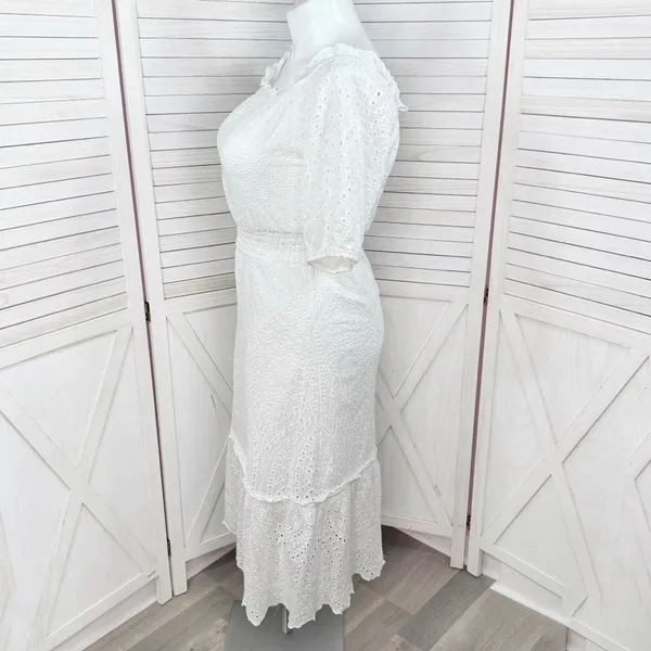 Betsey Johnson Eyelet Off The‎ Shoulder Smocked Waist Midi Dress White Large - Image 3