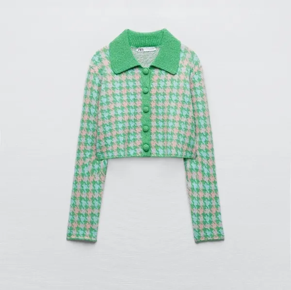 Zara Green‎ Pink Houndstooth Cropped Knit Cardigan Polo Collar Button Front M - Image 3